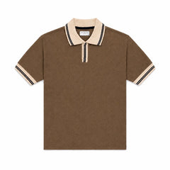 COTTON EAGLE CONTRAST COLLAR WAFFLE KNIT POLO (BROWN)