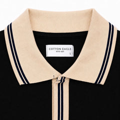 COTTON EAGLE CONTRAST COLLAR WAFFLE KNIT POLO (BLACK)