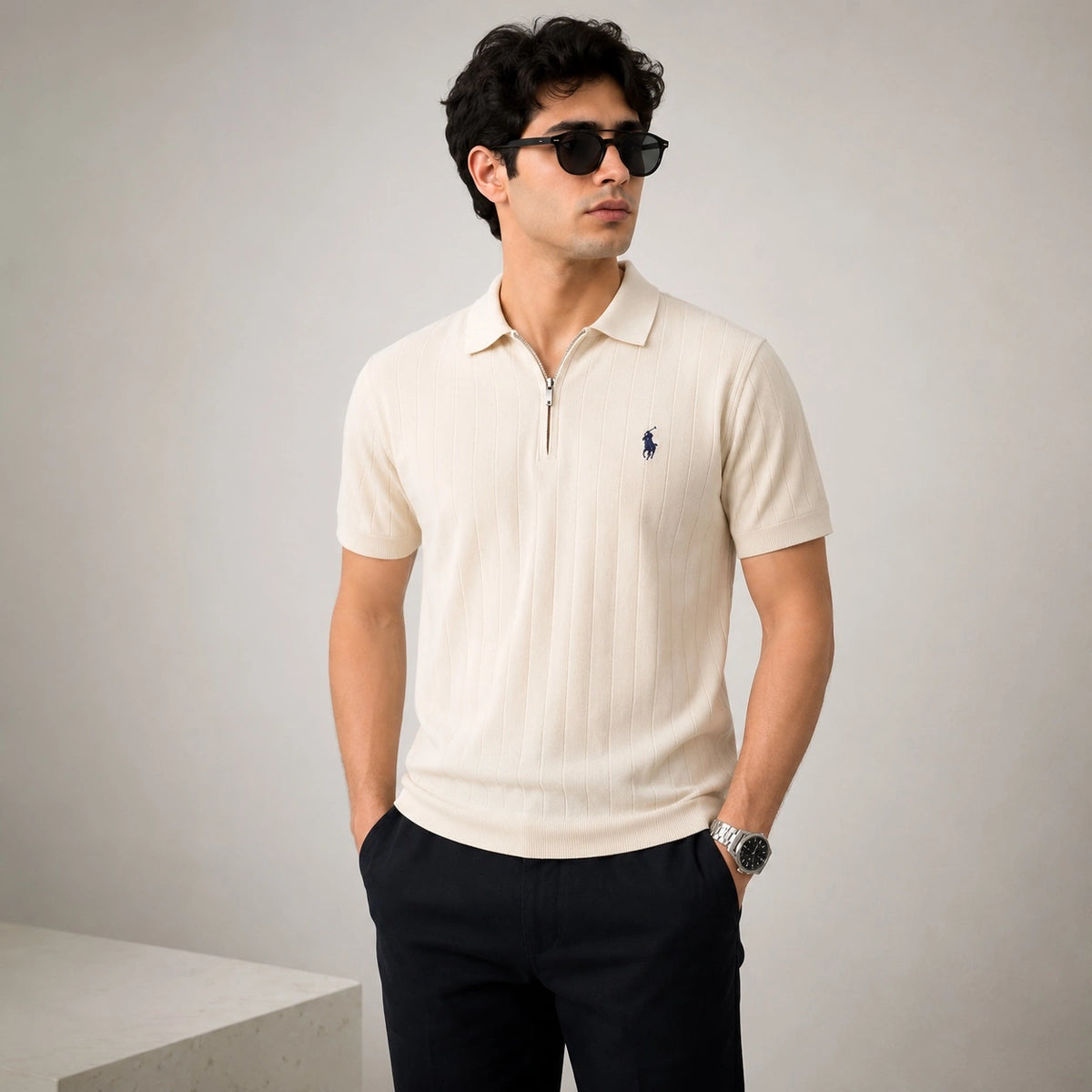 RL DROP NEEDLE POLO SHIRT (OFF-WHITE)