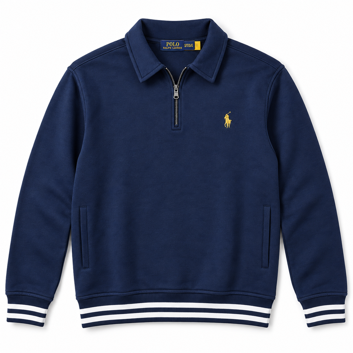 RL PREMIUM SMALL PONY JOHNNY COLLAR COTTON FLEECE QUARTER ZIP-UP (NAVY BLUE)