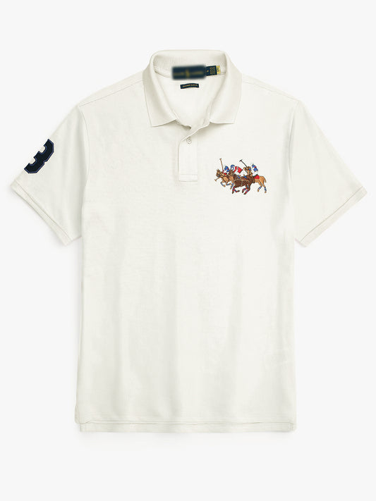 RL Premium 3 Horse Pique Cotton Polo Shirt (White)