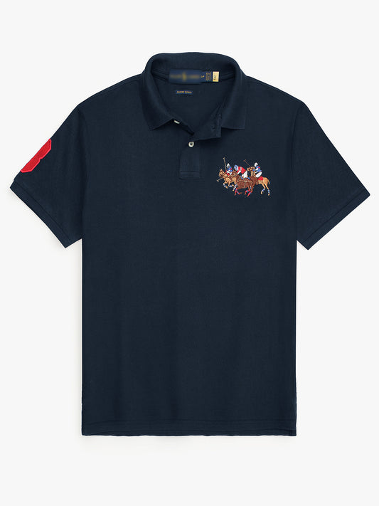 RL Premium 3 Horse Pique Cotton Polo Shirt (Navy)