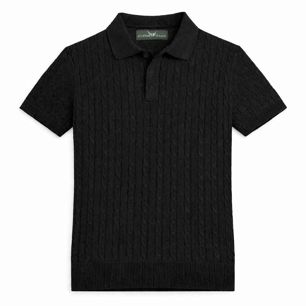 COTTON EAGLE MEN'S CABLE KNIT BTN POLO SHIRT (BLACK)
