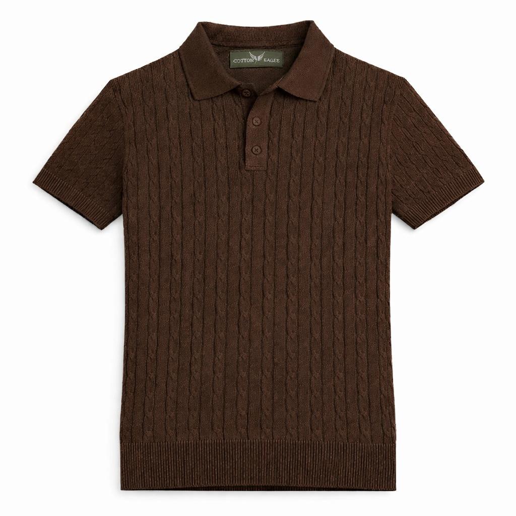 COTTON EAGLE MEN'S CABLE KNIT BTN POLO SHIRT (CHOCLATE BROWN)