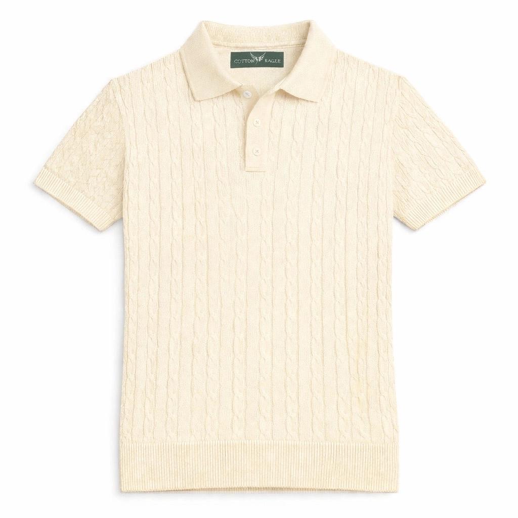COTTON EAGLE MEN'S CABLE KNIT BTN POLO SHIRT (OFF-WHITE)