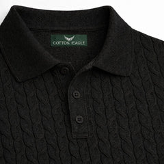 COTTON EAGLE MEN'S CABLE KNIT BTN POLO SHIRT (BLACK)