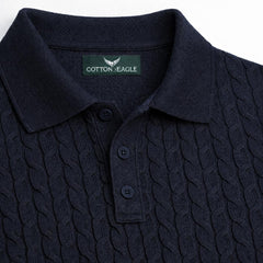 COTTON EAGLE MEN'S CABLE KNIT BTN POLO SHIRT (NAVY BLUE)