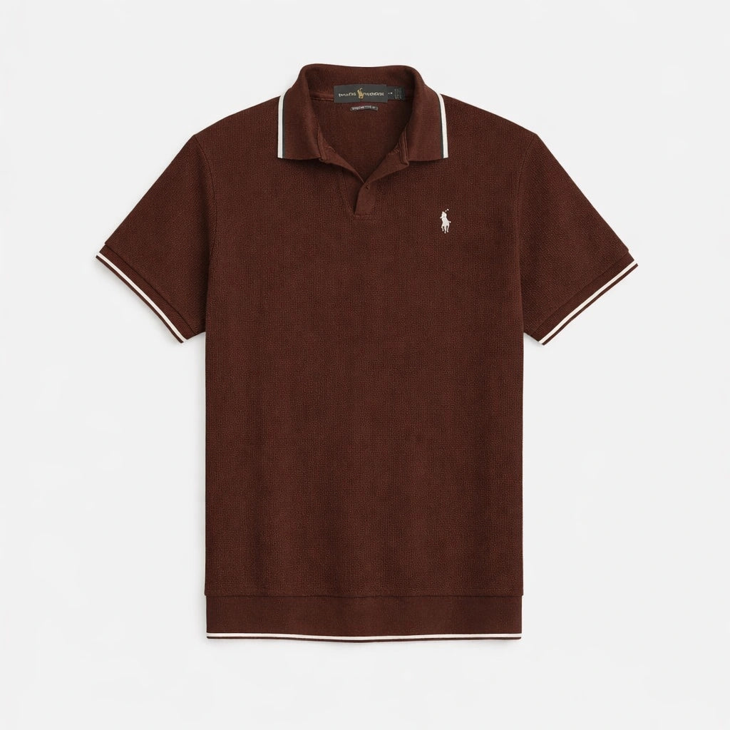 RL PREMIUM MEN'S V NECK BORDER POLO SHIRT (CHOCLATE BROWN)