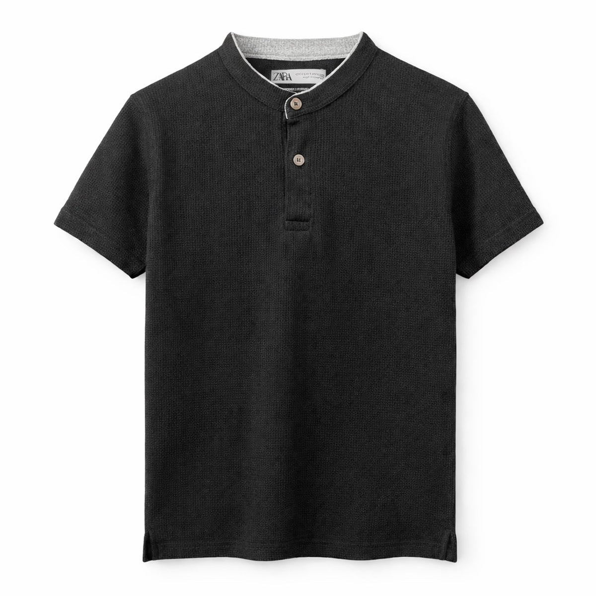 Z.A.R.A WAFFLE KNIT HENLEY T-SHIRT (BLACK)