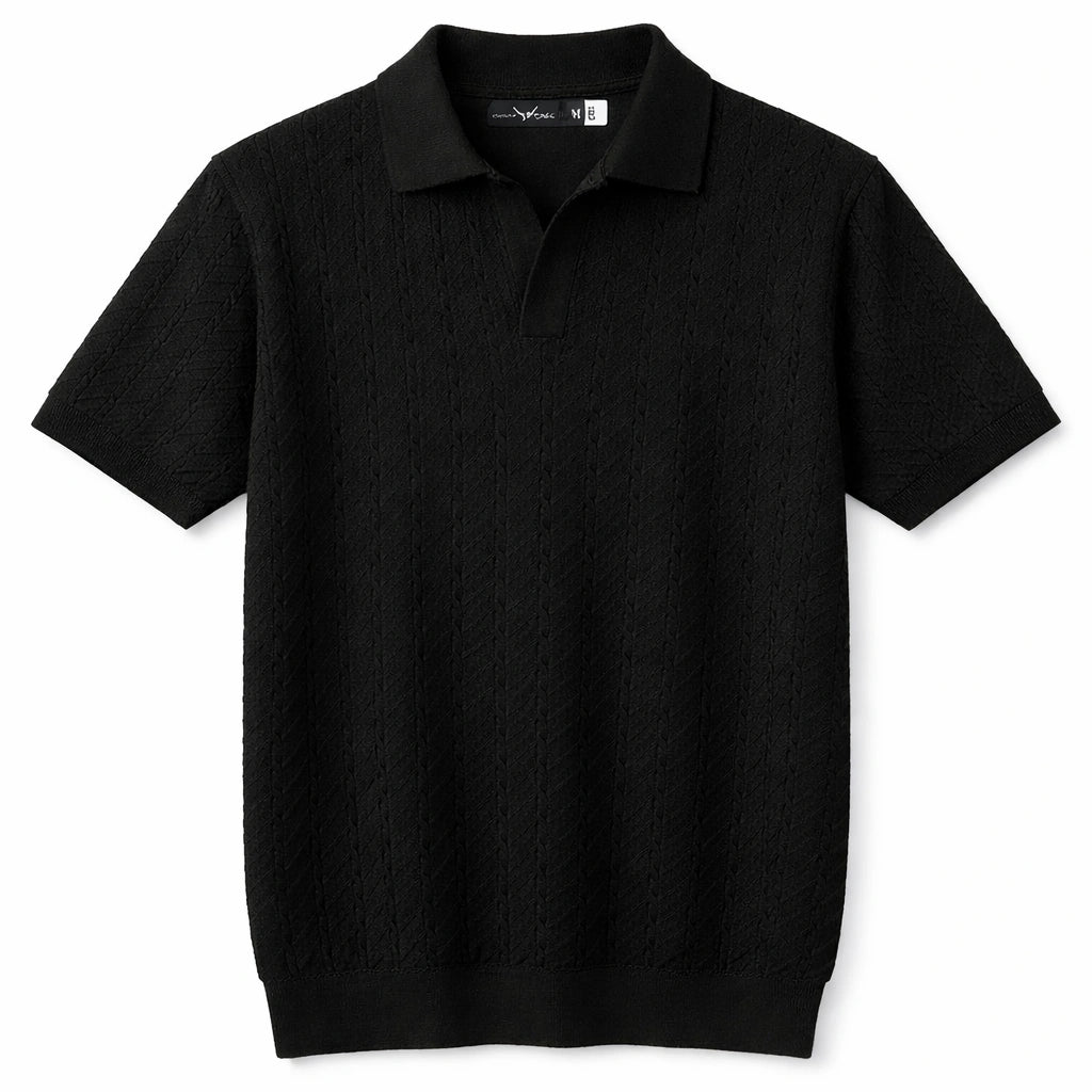 COTTON EAGLE V JHONNY COLLAR CABLE KNIT POLO SHIRT (BLACK)