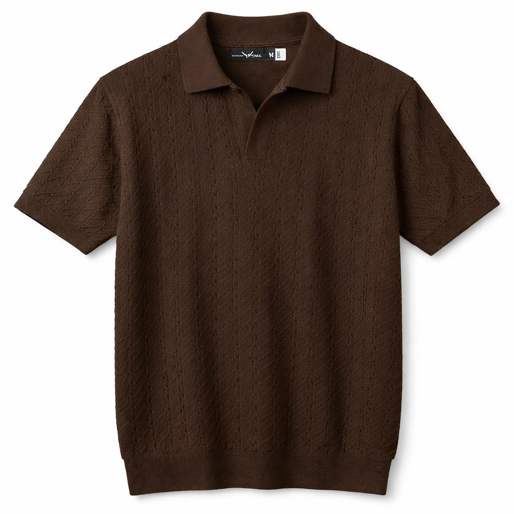 COTTON EAGLE V JHONNY COLLAR CABLE KNIT POLO SHIRT (CHOCLATE BROWN)