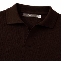COTTON EAGLE V JHONNY COLLAR CABLE KNIT POLO SHIRT (CHOCLATE BROWN)
