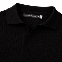 COTTON EAGLE V JHONNY COLLAR CABLE KNIT POLO SHIRT (BLACK)