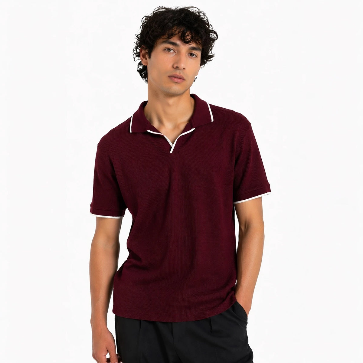 Z.A.R.A JHONNY COLLAR WAFFLE KNIT POLO SHIRT (MAROON)