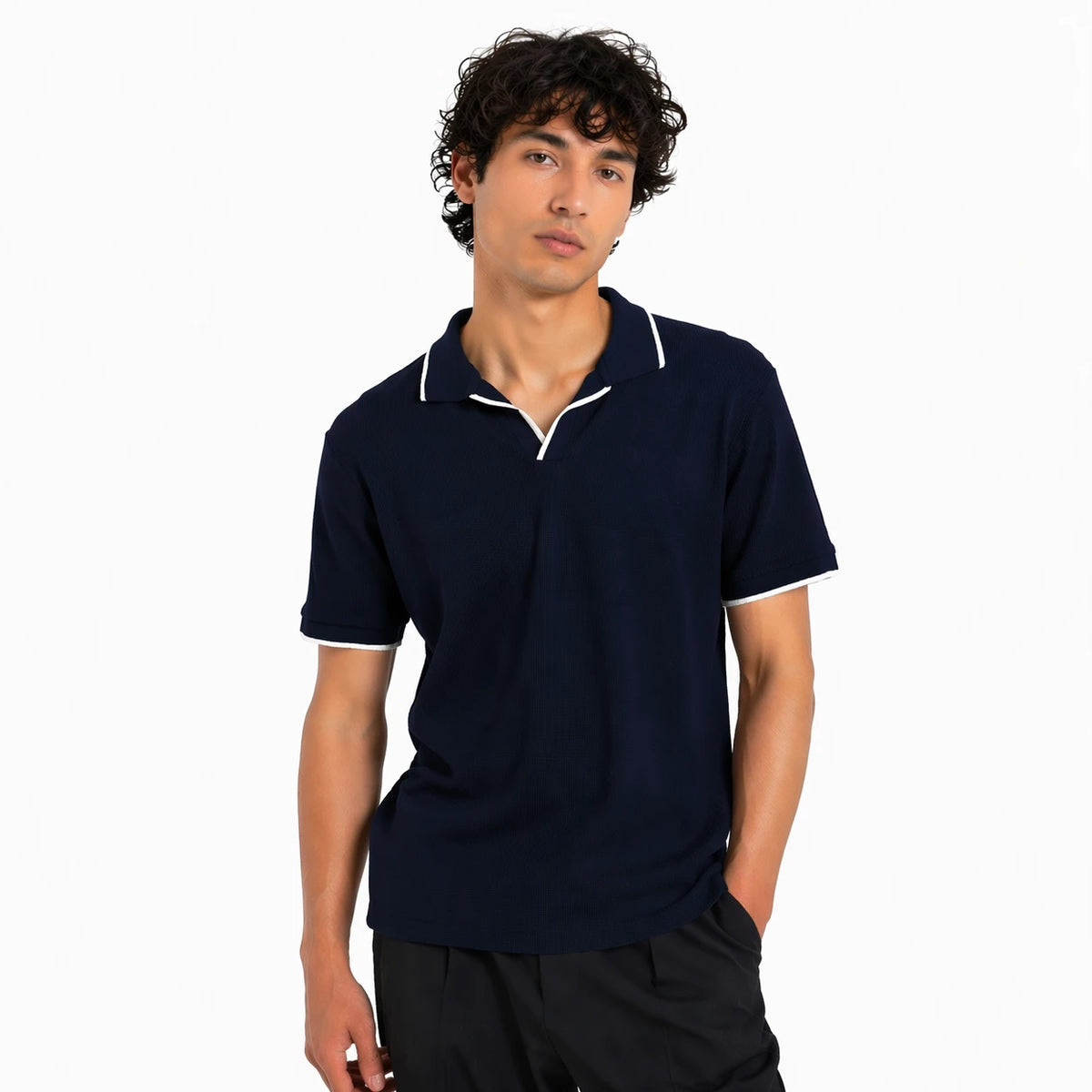 Z.A.R.A JHONNY COLLAR WAFFLE KNIT POLO SHIRT (NAVY BLUE)