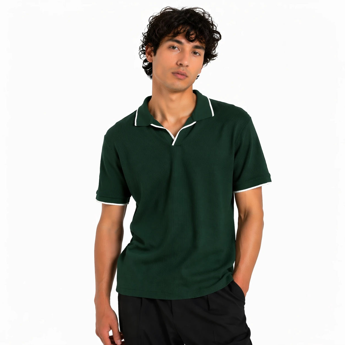 Z.A.R.A JHONNY COLLAR WAFFLE KNIT POLO SHIRT (GREEN)