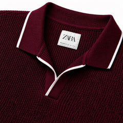 Z.A.R.A JHONNY COLLAR WAFFLE KNIT POLO SHIRT (MAROON)