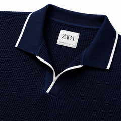 Z.A.R.A JHONNY COLLAR WAFFLE KNIT POLO SHIRT (NAVY BLUE)