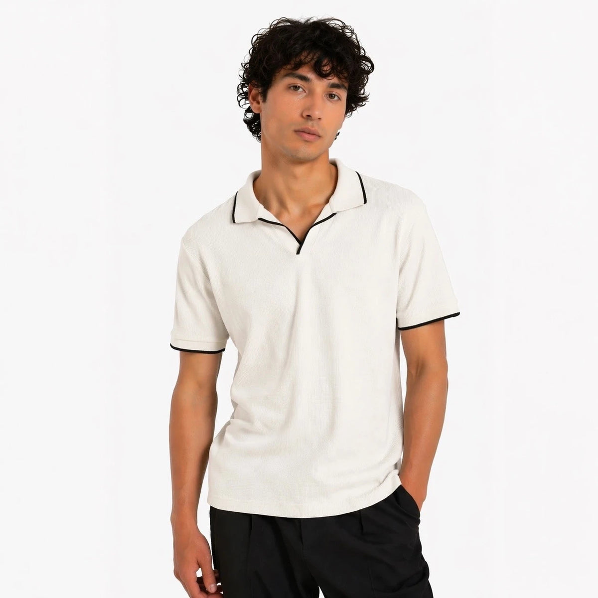 Z.A.R.A JHONNY COLLAR WAFFLE KNIT POLO SHIRT (OFF-WHITE)