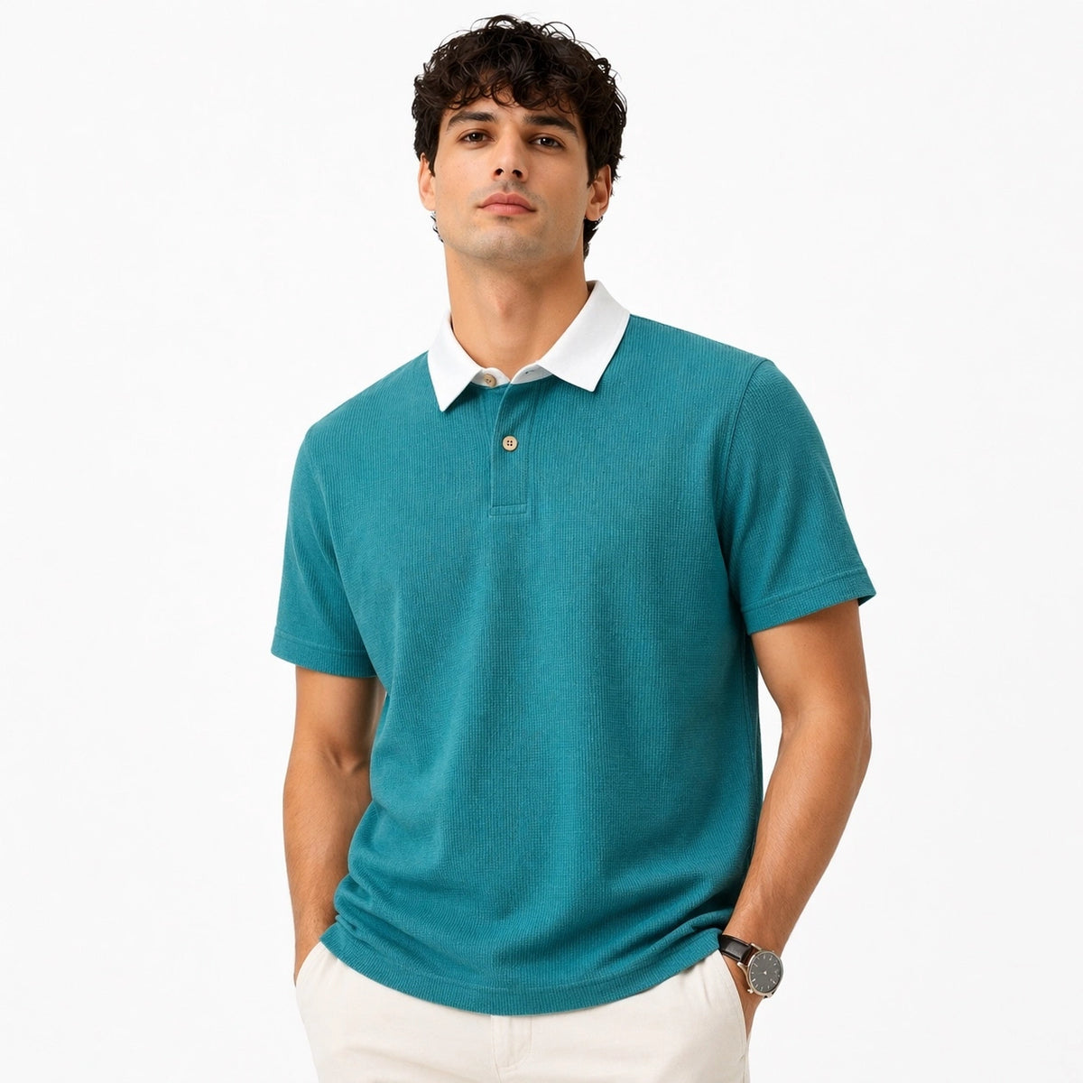 Z.A.R.A RUGBY COLLAR WAFFLE KNIT POLO SHIRT (TEAL)