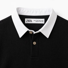 Z.A.R.A RUGBY COLLAR WAFFLE KNIT POLO SHIRT (BLACK)