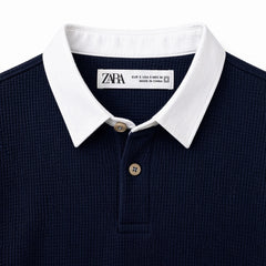 Z.A.R.A RUGBY COLLAR WAFFLE KNIT POLO SHIRT (NAVY BLUE)