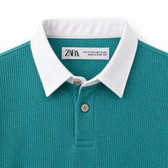 Z.A.R.A RUGBY COLLAR WAFFLE KNIT POLO SHIRT (TEAL)