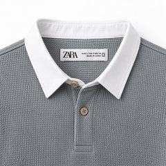 Z.A.R.A RUGBY COLLAR WAFFLE KNIT POLO SHIRT (HEATHER GREY)