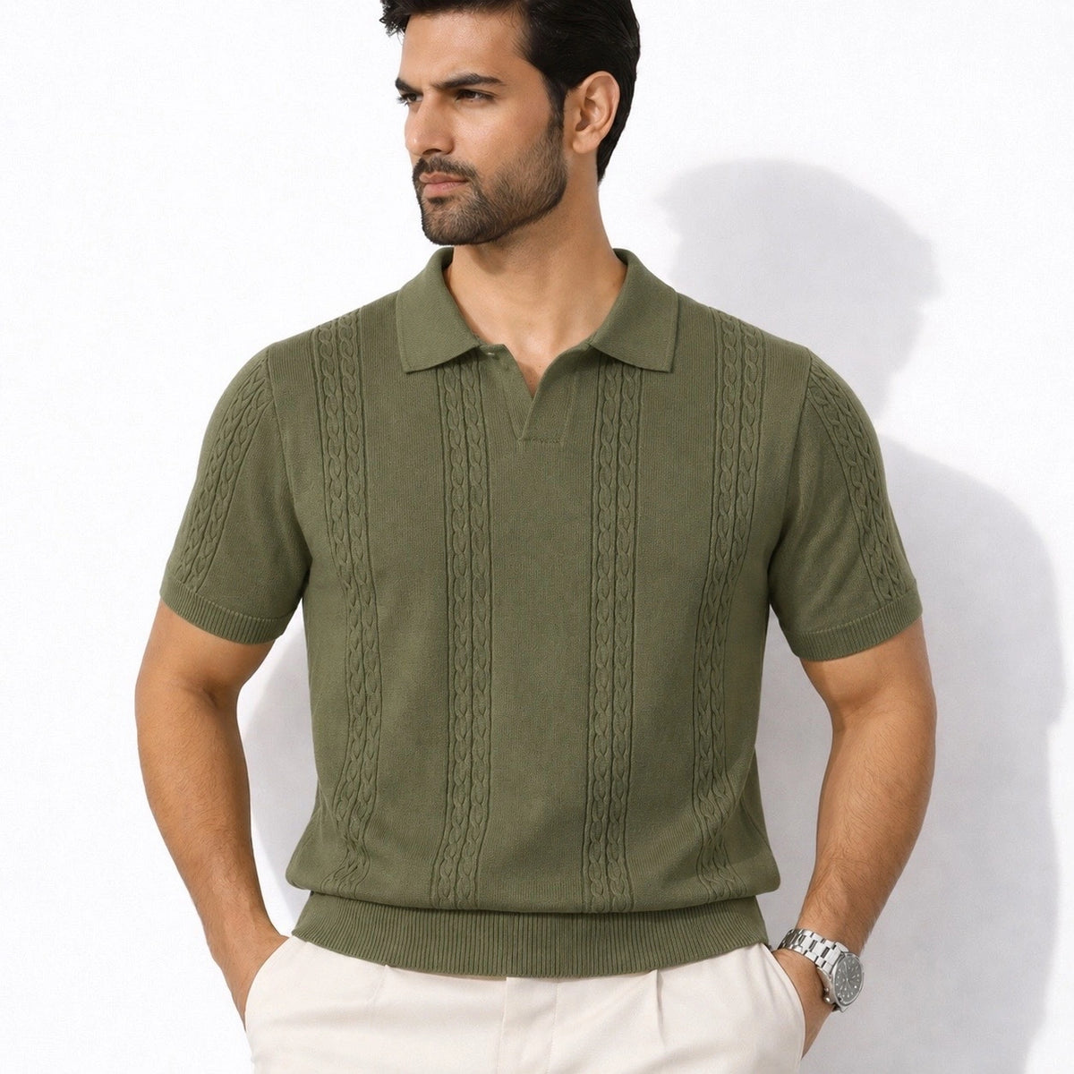 COTTON EAGLE MEN'S JOHNNY COLLAR CABLE KNIT POLO SHIRT (OLIVE GREEN)