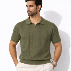 COTTON EAGLE MEN'S JOHNNY COLLAR CABLE KNIT POLO SHIRT (OLIVE GREEN)