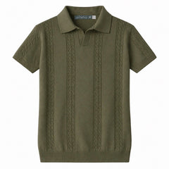 COTTON EAGLE MEN'S JOHNNY COLLAR CABLE KNIT POLO SHIRT (OLIVE GREEN)