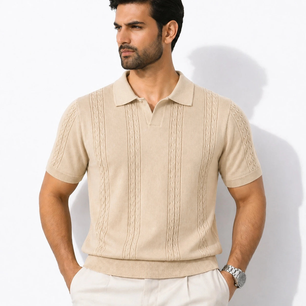 COTTON EAGLE MEN'S JOHNNY COLLAR CABLE KNIT POLO SHIRT (BEIGE)