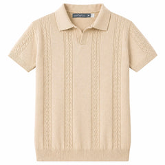 COTTON EAGLE MEN'S JOHNNY COLLAR CABLE KNIT POLO SHIRT (BEIGE)