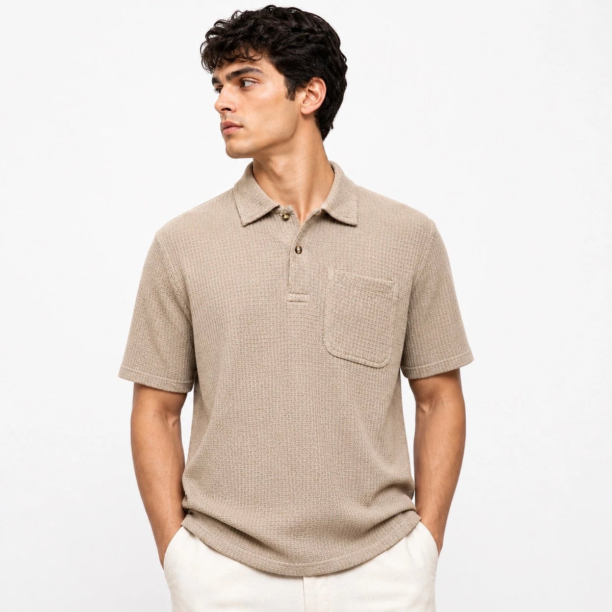 Z.A.R.A WAFFLE KNIT RELAXED FIT POLO SHIRT (DESERT SAND)