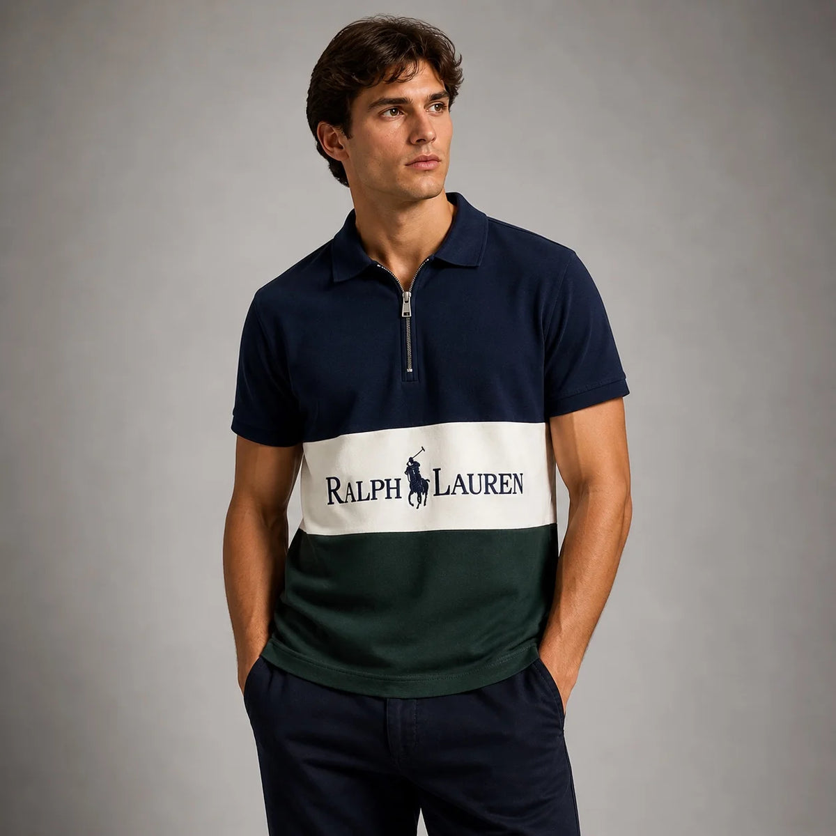 RL TWO TONE QUATER ZIPPER POLO SHIRT (NAVY&GREEN)