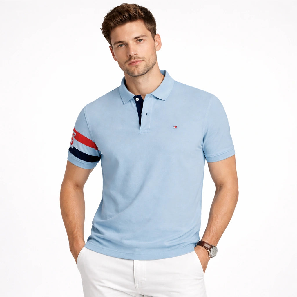 TH PREMIUM SLEEVE STRIPE POLO SHIRT (SKY BLUE)