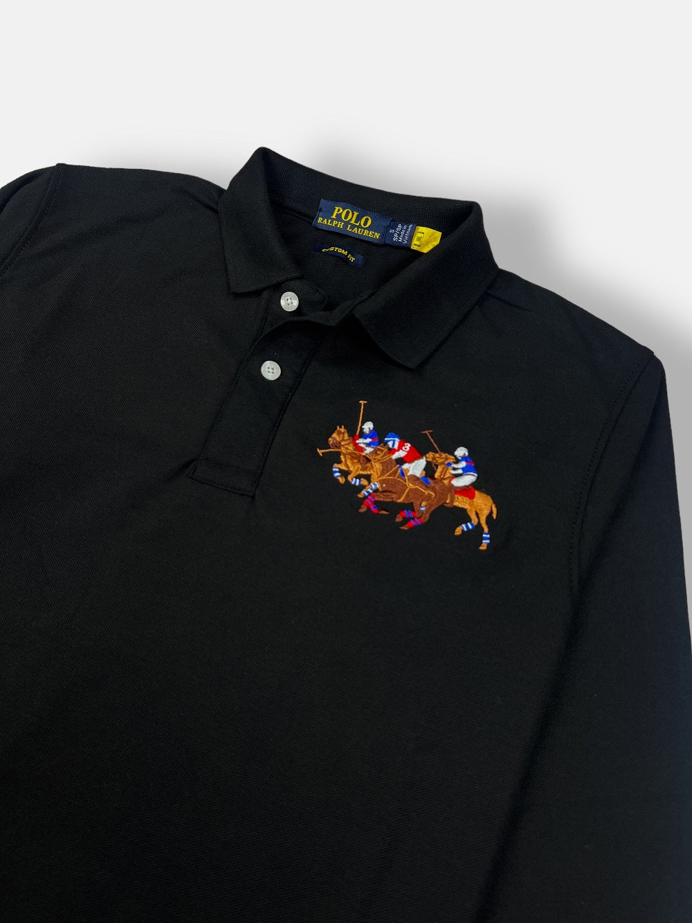 Black long sleeve polo shirt with red horse sale