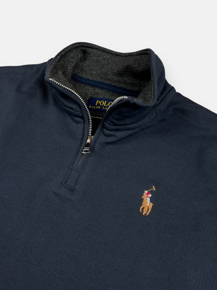 RL Imported Pique Cotton Fleece Zip-up Mockneck (Navy Blue)