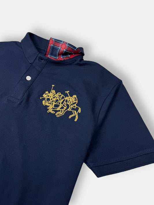 RL Premium 3 Pony Check Collar Polo Shirt (Navy Blue)