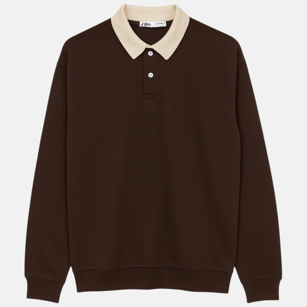 Z.A.R.A CONTRAST COLLAR DOWNSHOULDER SWEATSHIRT (CHOCLATE BROWN)