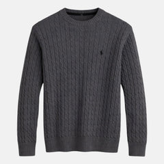 RL IMPORTED SMALL PONY ROUND NECK CABLE KNIT SWEATER (CHARCOAL GREY)