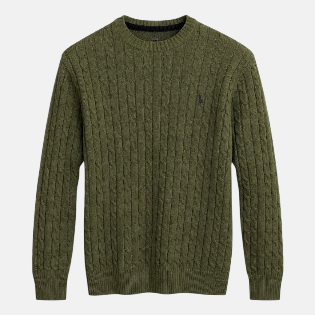 RL IMPORTED SMALL PONY ROUND NECK CABLE KNIT SWEATER (OLIVE GREEN)