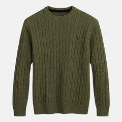 RL IMPORTED SMALL PONY ROUND NECK CABLE KNIT SWEATER (OLIVE GREEN)