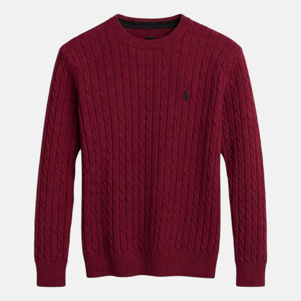 RL IMPORTED SMALL PONY ROUND NECK CABLE KNIT SWEATER (MAROON)