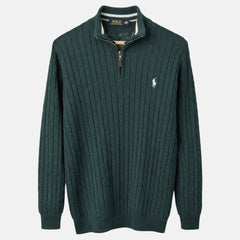 RL IMPORTED SINGLE PONY TIPPED COLLAR CABLE KNIT SWEATER (GREEN)