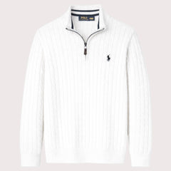 RL IMPORTED SINGLE PONY TIPPED COLLAR CABLE KNIT SWEATER (WHITE)