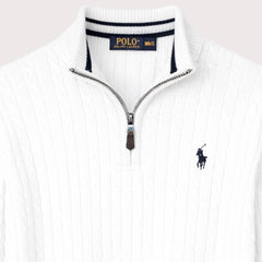 RL IMPORTED SINGLE PONY TIPPED COLLAR CABLE KNIT SWEATER (WHITE)