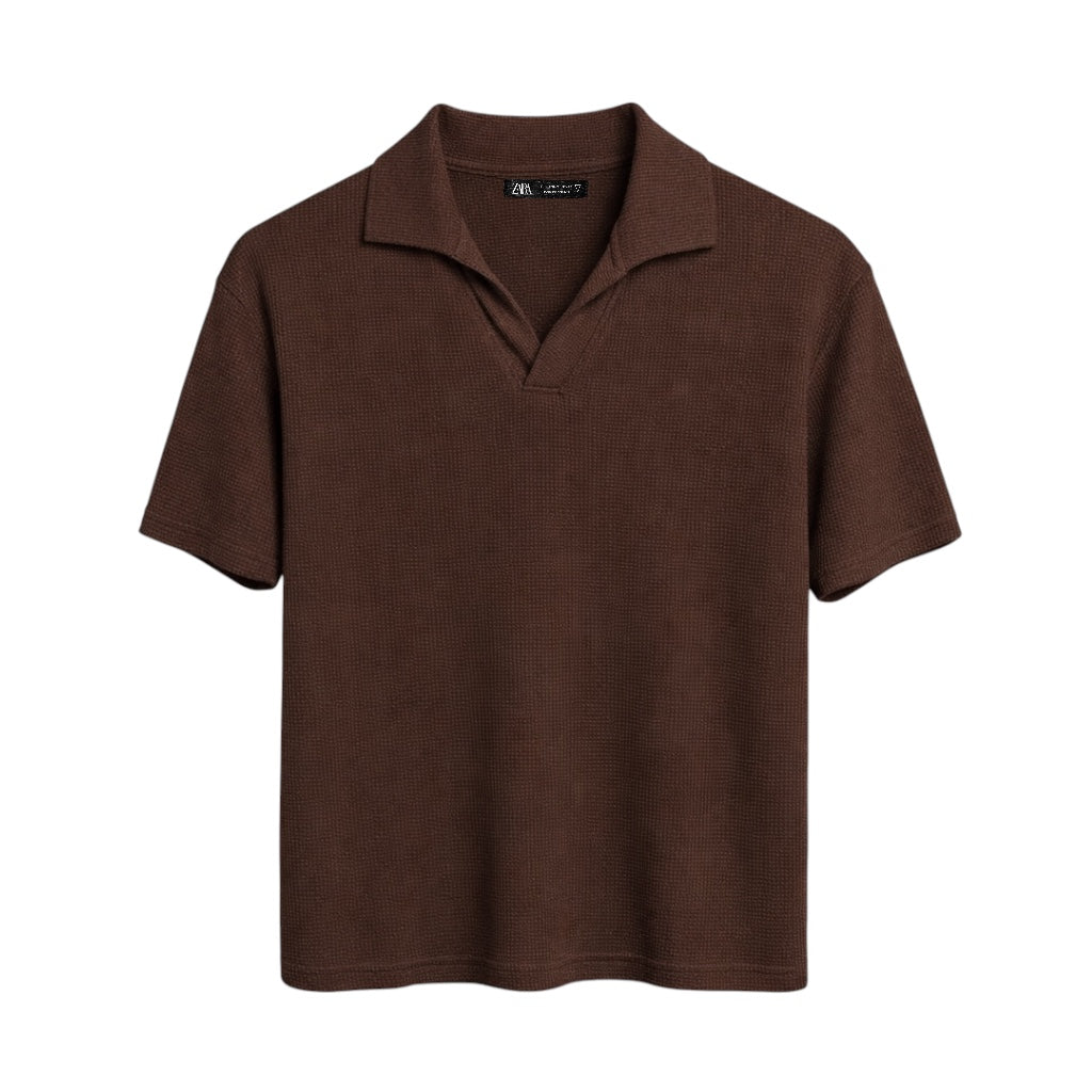 Z.A.R.A BASIC WAFFLE KNIT DROP SHOULDER POLO SHIRT (CHOCLATE BROWN)
