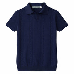 COTTON EAGLE MEN'S JOHNNY COLLAR CABLE KNIT POLO SHIRT (NAVY BLUE)