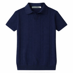 COTTON EAGLE MEN'S JOHNNY COLLAR CABLE KNIT POLO SHIRT (NAVY BLUE)